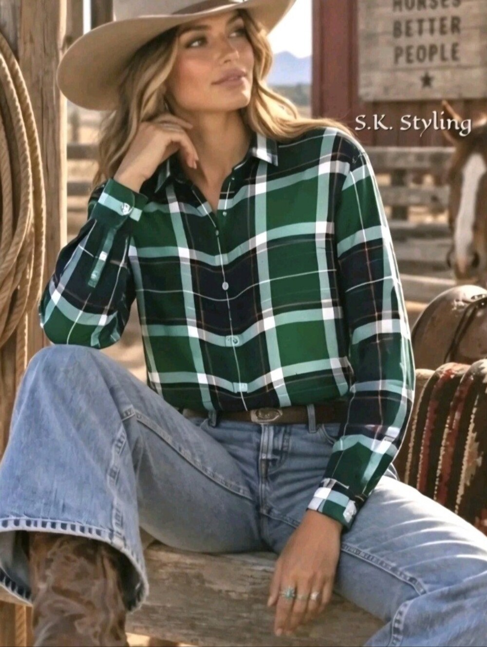 Old Navy The Classic Shirt Green Pink Plaid Button up Soft Rayon size Small